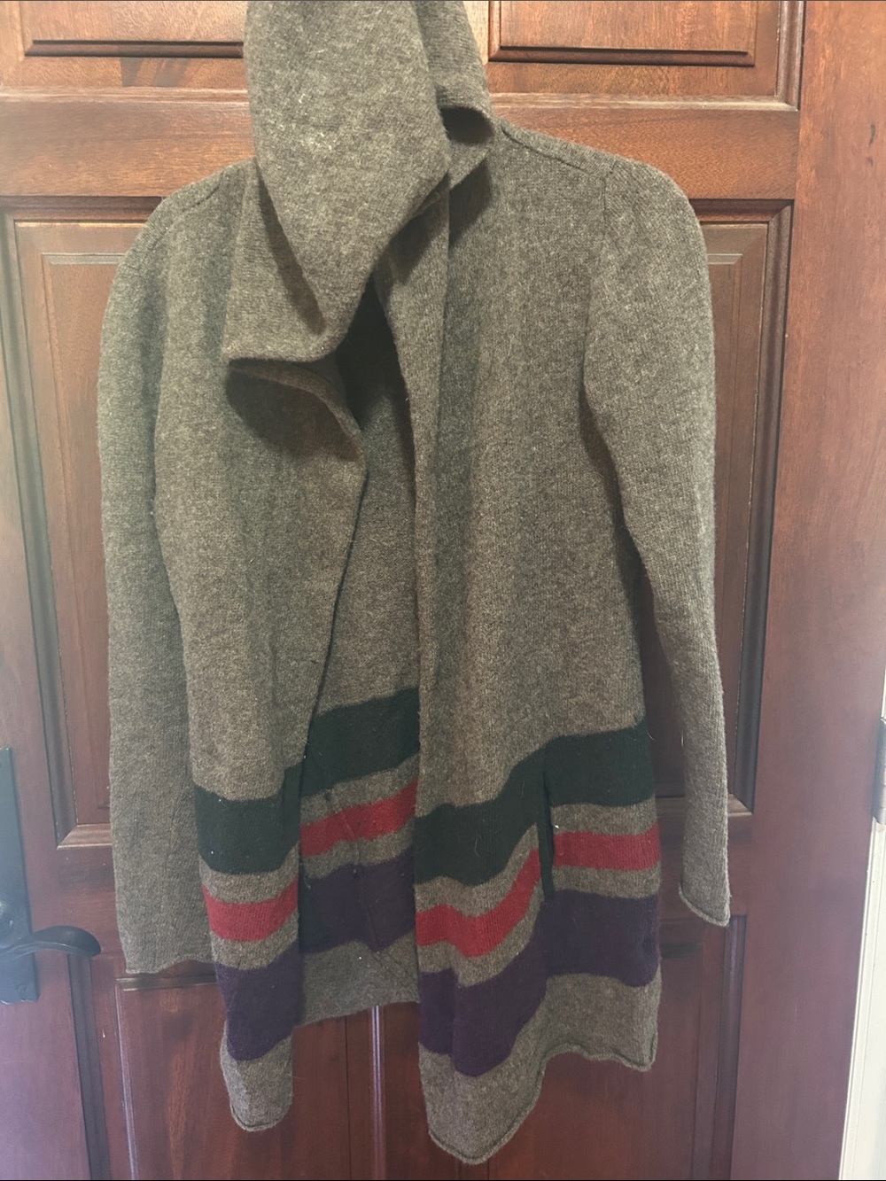 Toad&Co Olive Hooded Open-Front Cardigan with Green, Red & Purple Stripes